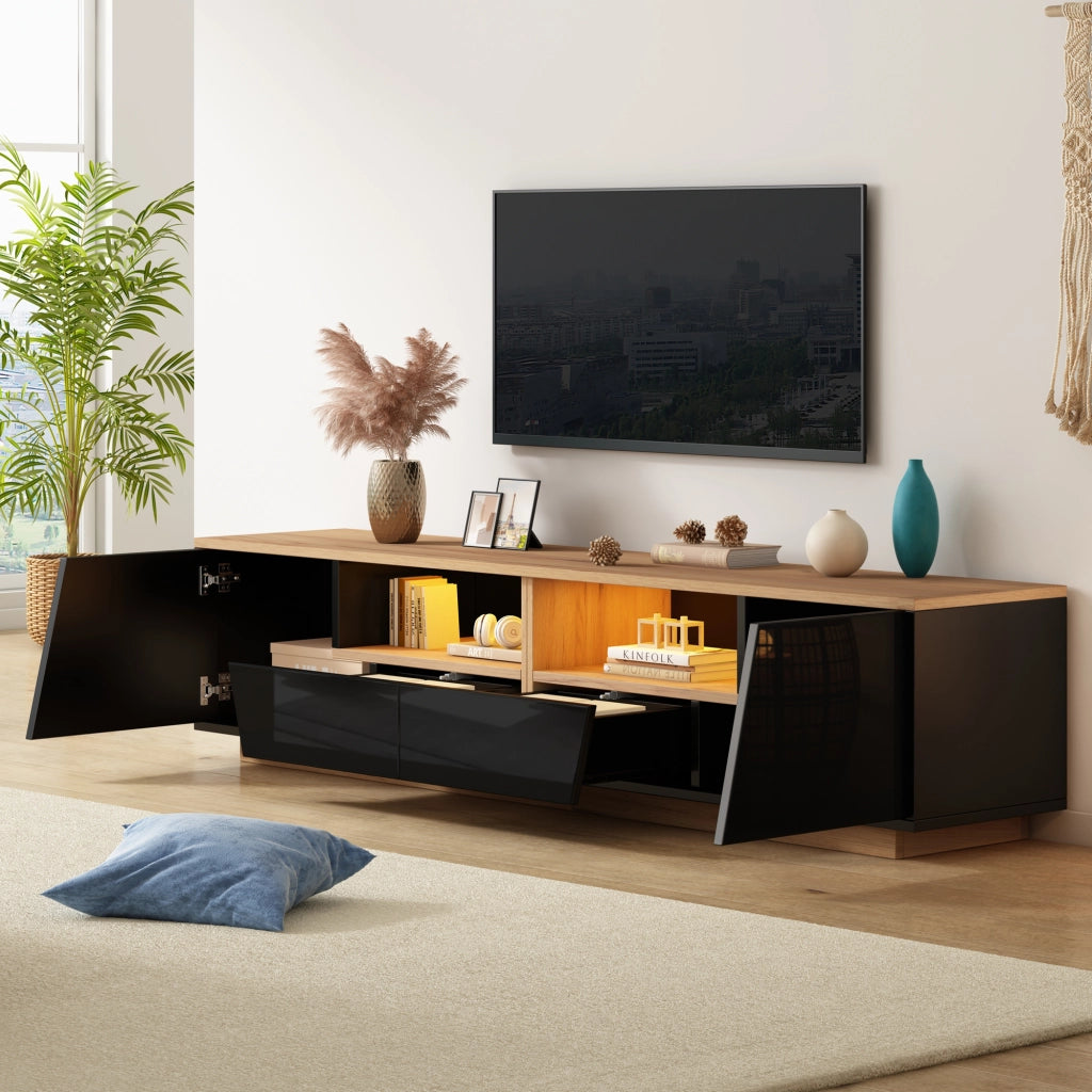 Mobile TV 180 x 40 x 46 cm con 2 ante, 2 cassetti, 2 vani aperti, LED e finitura lucida frontale, nero e legno naturale