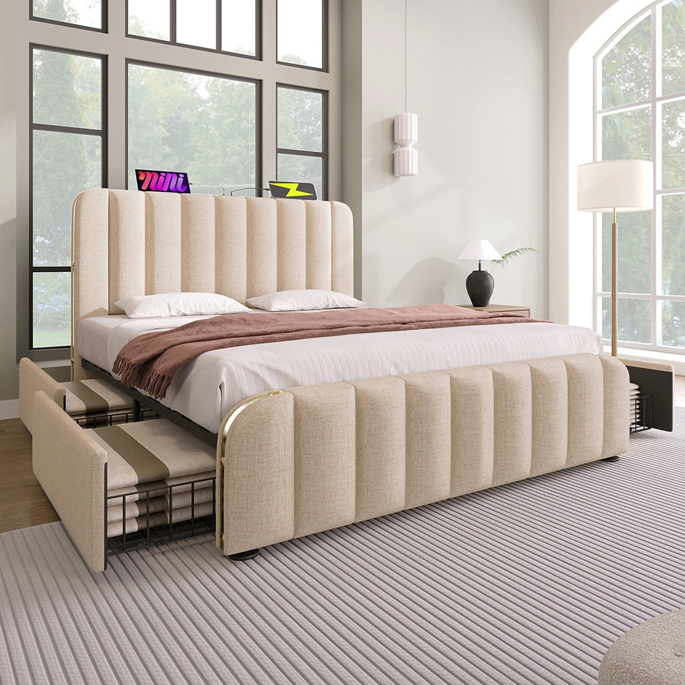 Letto imbottito con 4 cassetti - Xylo - 160x200 cm - Beige - Testiera imbottita doppia, funzione di ricarica USB Type-C