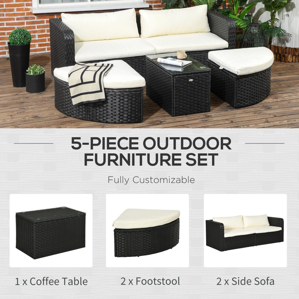 EasyComfort Salotto da Giardino con 2 Poltrone e 2 Poggiapiedi in Rattan PE, Tavolino in Vetro, Nero