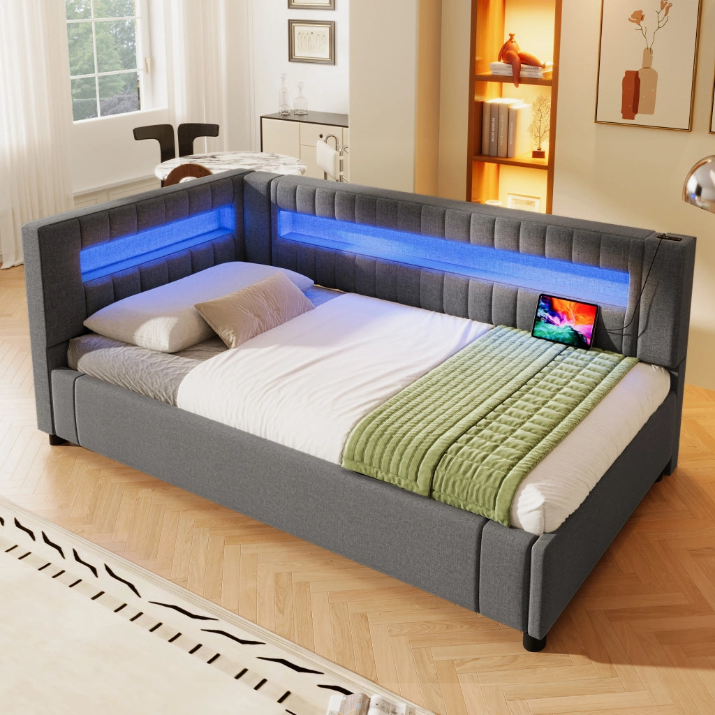 Daybed in lino grigio 90x200 LED a piè letto sollevamento idraulico USB/Type-C