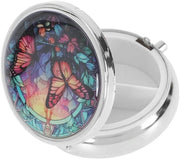 Organizzatore di farmaci portatile 3-cassa - Materiale metallico duraturo - Divisori interni - Con specchio - Disegno farfalla/fiori