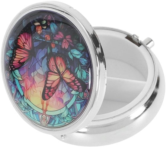 Organizzatore di farmaci portatile 3-cassa - Materiale metallico duraturo - Divisori interni - Con specchio - Disegno farfalla/fiori