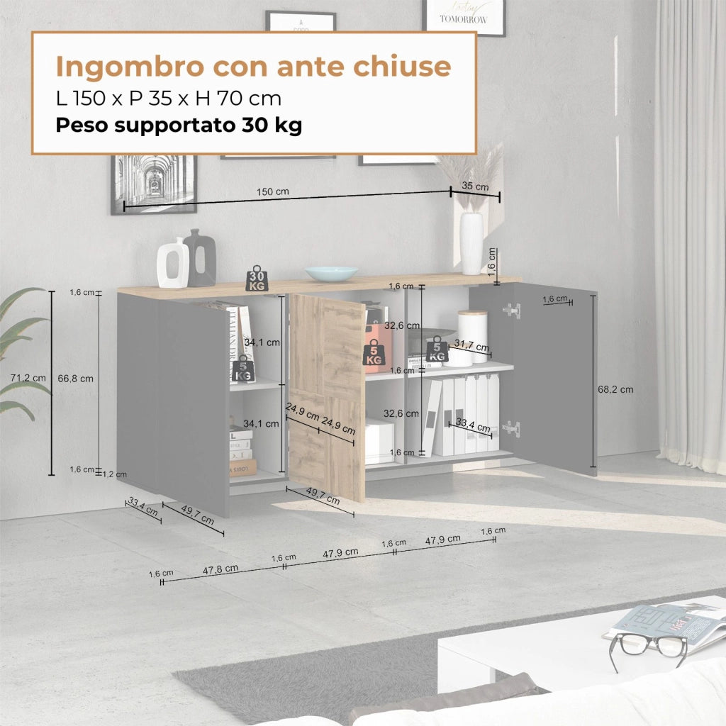 WHOUS Credenza sospesa Iseo con 3 ante e 6 scomparti interni antracite opaco e rovere 150x35x70 cm