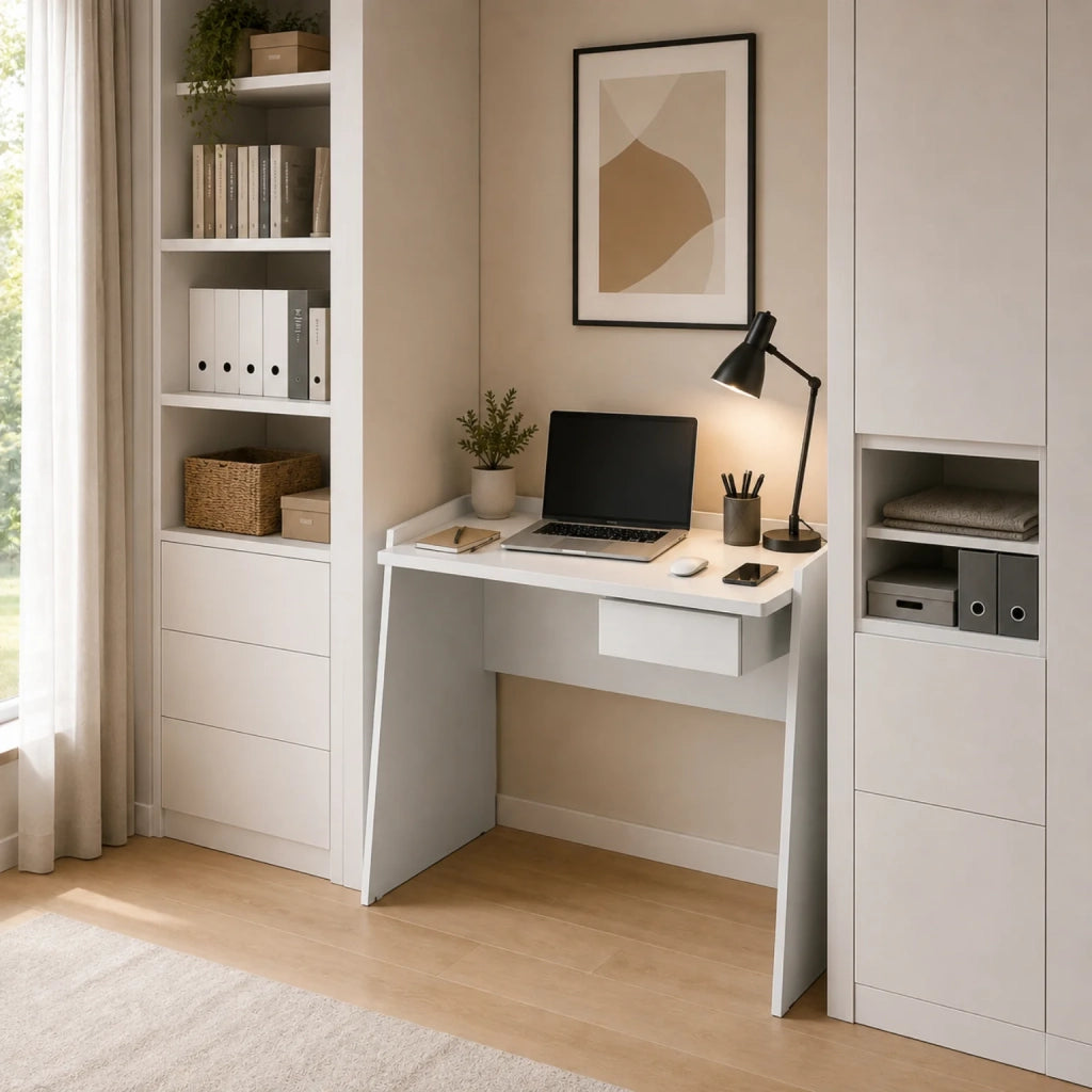 Scrivania Bianca Moderna con Cassetto e Piano Effetto Cemento | Scrivania PC Salvaspazio per Smart Working, Home Office e Studio | Tavolo Computer 90x60x80 cm