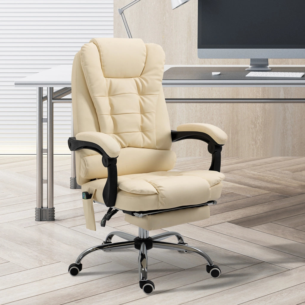Sedia da Ufficio Ergonomica ad Altezza Regolabile Massaggiante su 6 Punti, 65x160x104 cm, Crema