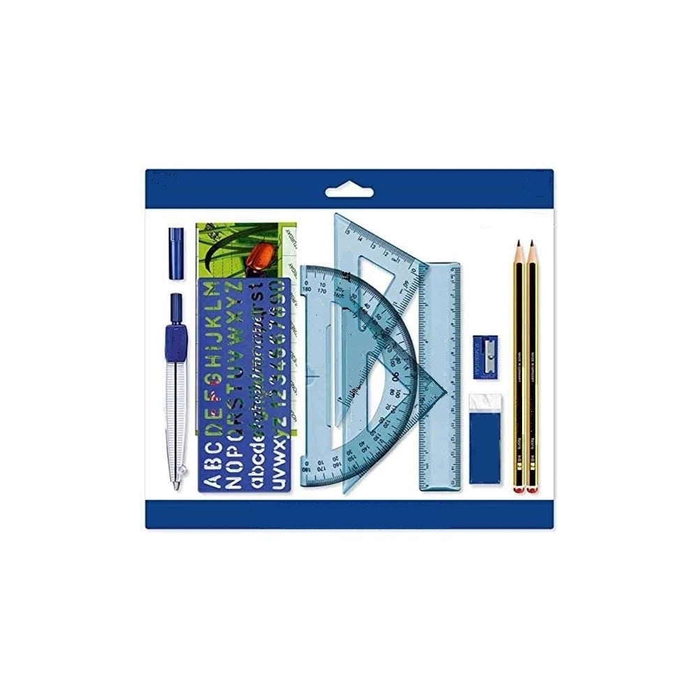 Trade Shop - Set 10 Pezzi Matite Compasso Goniometro Kit Scuola Articoli Di Cancelleria Base -