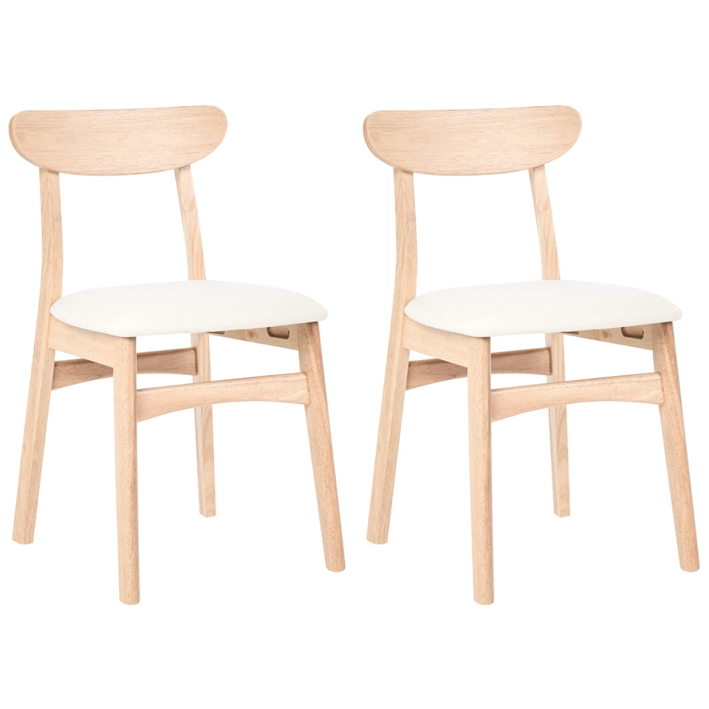Set di 2 sedie da pranzo in legno di gomma marrone chiaro e beige chiaro, con seduta in tessuto e design retrò senza braccioli