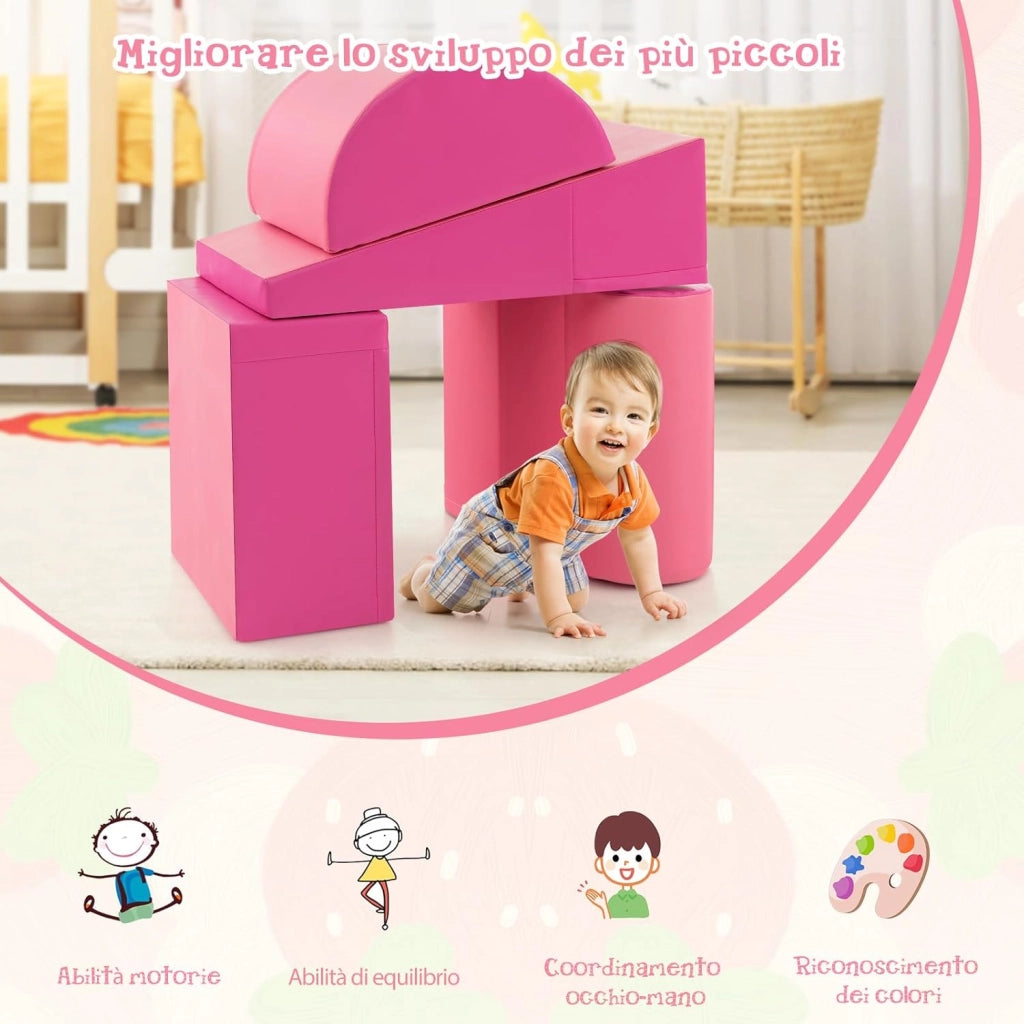 Set di 5 Blocchi con Diverse Forme e Colori, Giocattolo per Arrampicata e Strisciamento, Aiuta i Bambini a Crescere (Rosso e rosa)