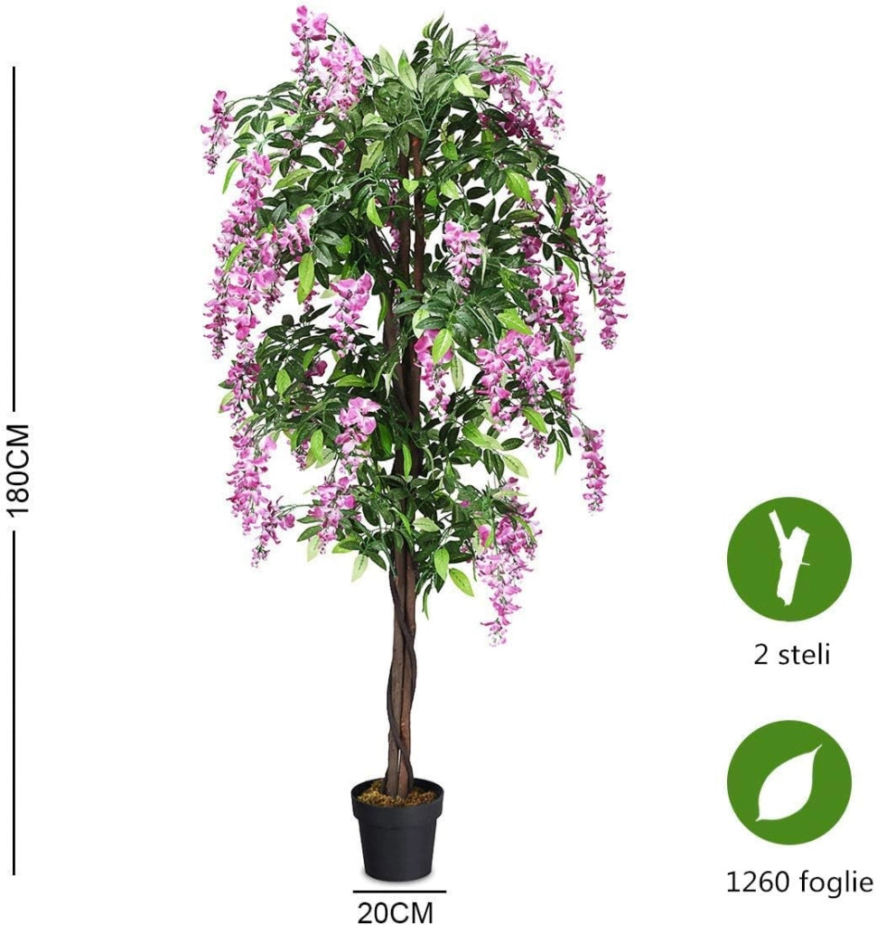 Pianta Finta da Interno da 180 cm, Albero Artificiale con Fiori Fiori Glicine Elegante in Vaso, Pianta Artificiale per Salotto, Camera da Letto e Balcone