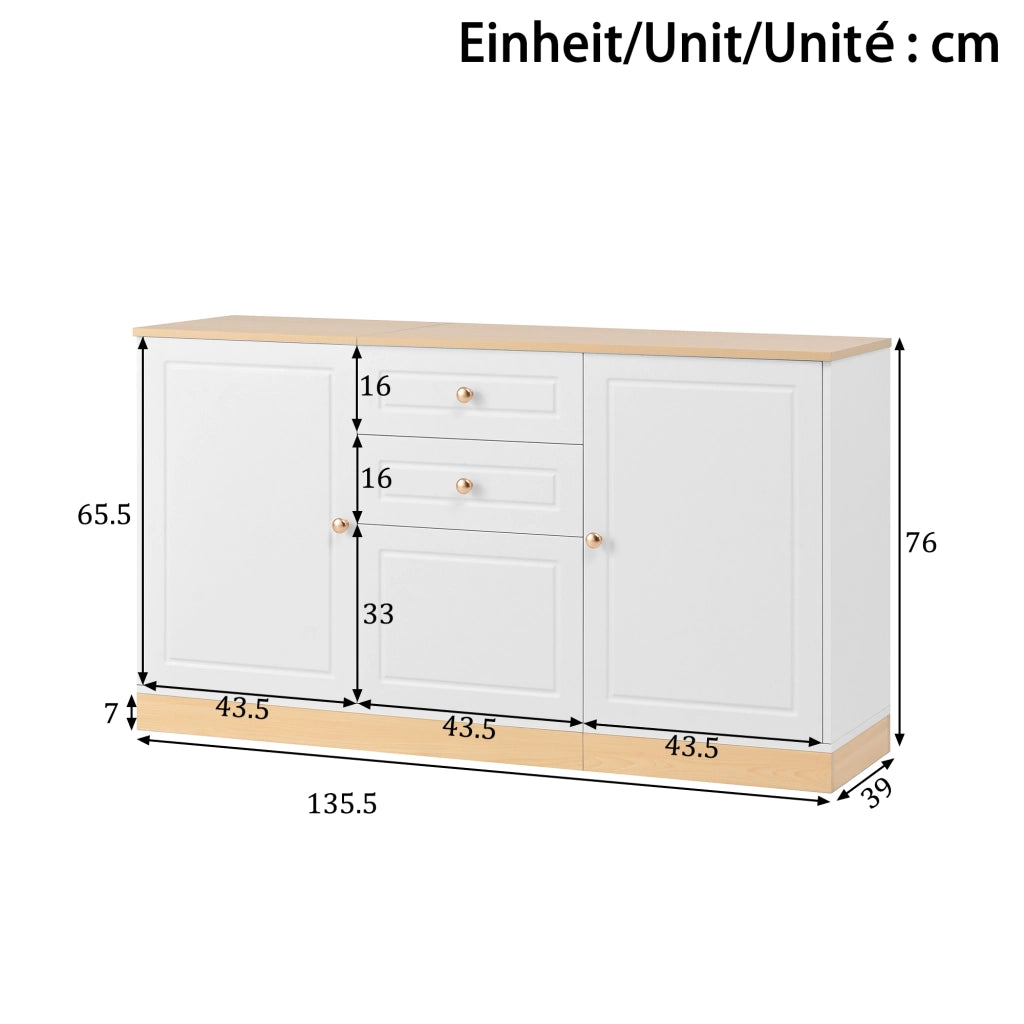 Credenza con 3 Ante; 2 Cassetti e Ripiani Regolabili; Stile Minimalista; in Pannello Truciolare; Bianco e Legno; 135;5??39??76 cm