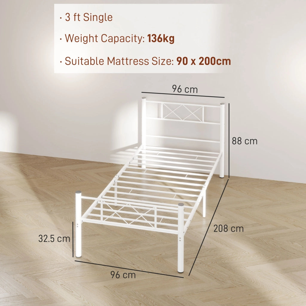 Telaio letto singolo in acciaio per materasso 90 x 200 cm, bianco, con rete integrata e spazio contenitore sotto il letto