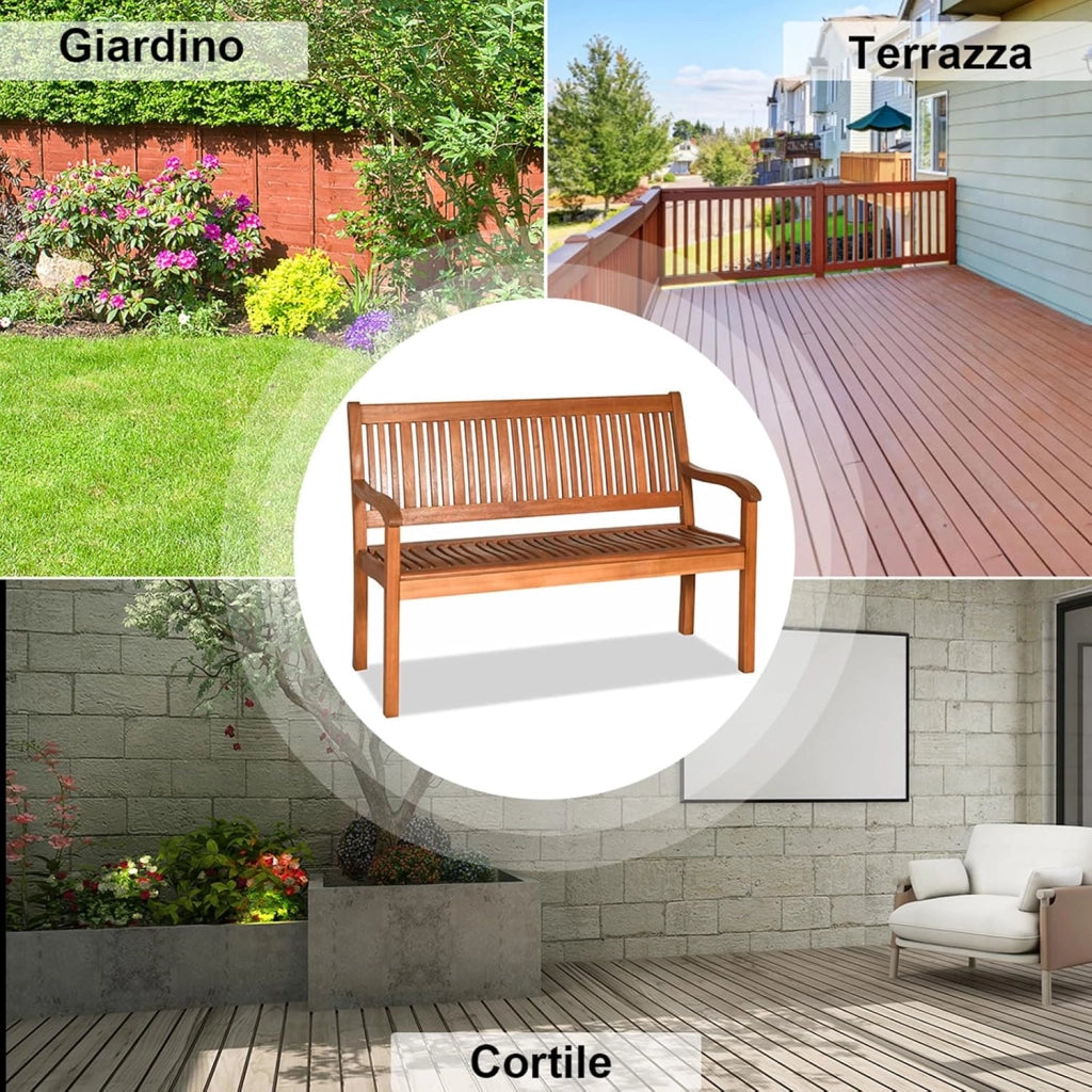 Panchina da Esterno, Panchina da Giardino in Legno con con Schienale e Braccioli, Panchina da Giardino, Balcone e Cortile, Portata 320kg, 126 x 63 x 91cm (Modello 1)