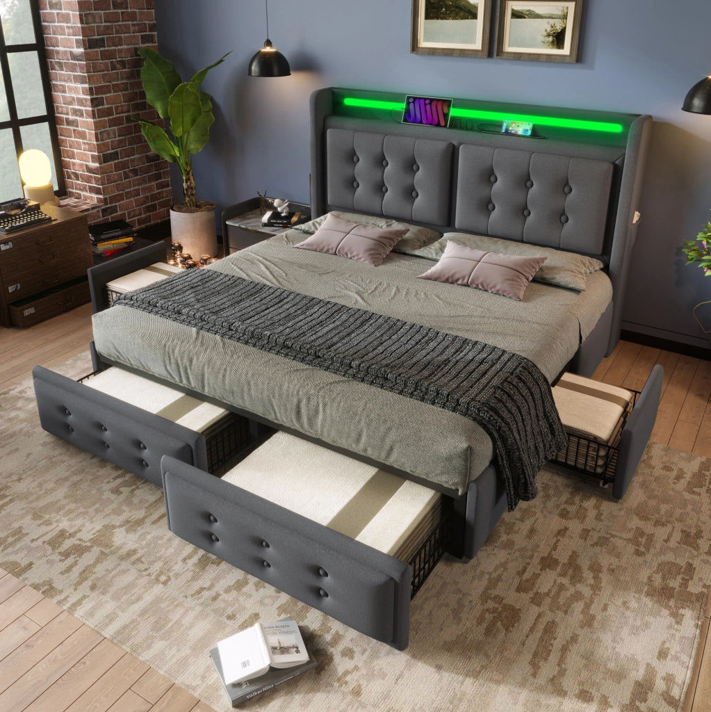 Letto contenitore 160x200 cm con LED; porta USB C e 4 cassetti; tessuto cotone-lino grigio