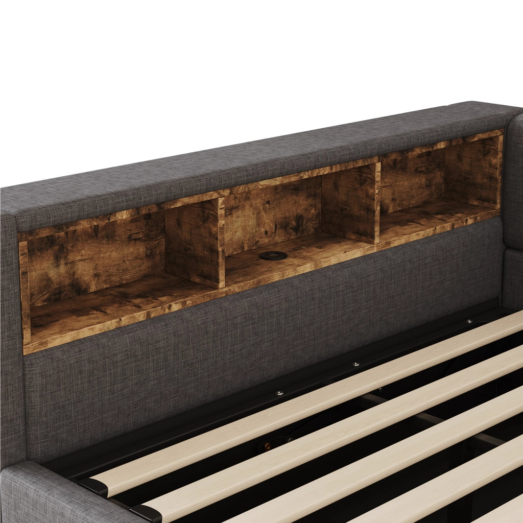 Letto contenitore 140x200 cm con sollevamento idraulico; LED dimmerabile; testiera con ripiano e USB; grigio