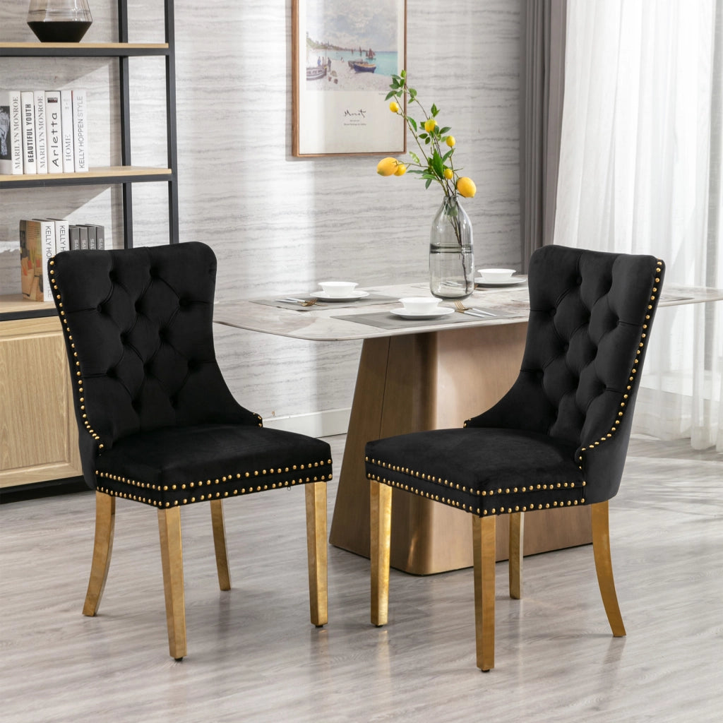 Sedie da Pranzo Imbottite in Velluto con Gambe in Metallo Dorato ¨C MINIMAL ¨C Set 2, Nero