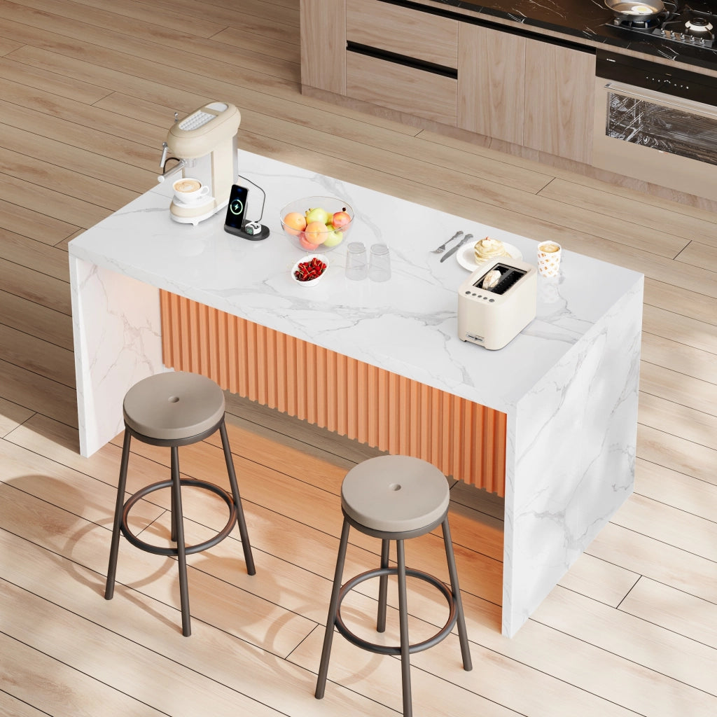 Isola da cucina 155x80x90 cm in MDF, bianco effetto marmo, con LED, prese EU e USB, piano da 40 mm