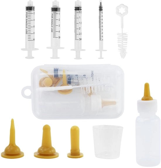 Set di biberon per animali domestici con valvole in silicone - Biberon per animali - Spazzola per biberon - Misuratore di quantità - Applicatori di cibo - Scatola di conservazione - Rinnovabile e flessibile - Biberon per animali