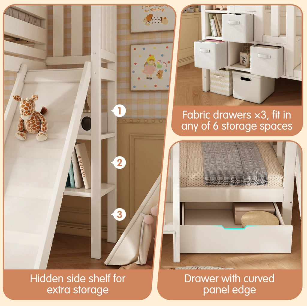 Letto a castello per bambini 90x200 cm con scivolo; scala contenitore e cassetti; bianco