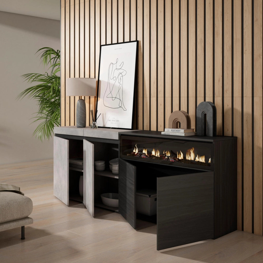 Credenza, Mobile, 200x35x75cm, 4 Porte, Camino elettrico, grigio cemento RF2413