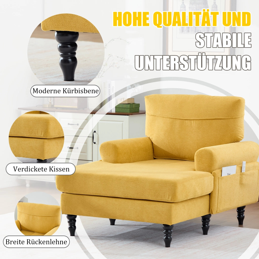 Poltrona Relax Ampia con Braccioli e Tasche Laterali Comfort Ergonomico Piedi in Legno in Ciniglia Giallo Senape