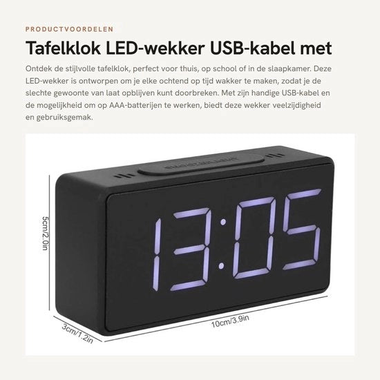 Orologio da tavolo con cavo USB - Alarme digitale - Funzione sveglia - Illuminazione LED - Adatto per casa e ufficio - Funzione sonno