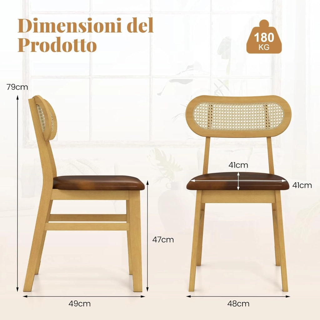 Set 2 Sedie Sala da Pranzo 49 x 48 x 79cm, Sedie da Cucina Moderno con Schienale Ergonomico in Rattan e Seduta in Pelle, Capacità di Carico 180 kg, per Soggiorno e Salotto (Marrone)