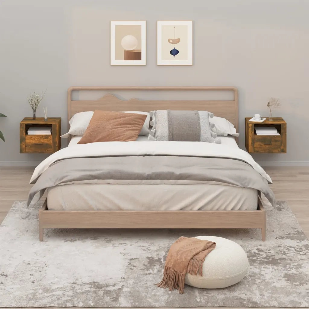 Set di 2 Comodini | Armadio da Notte | Mobiletto da notte a Muro Rovere Fumo 50x36x40 cm