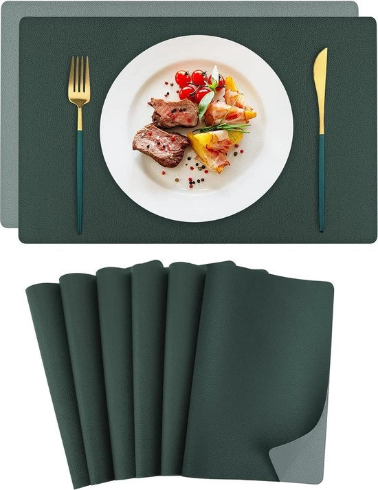 Sfoglia in PU con pelle sintetica verde a due tonalità, set da 6 pezzi, resistente al calore, dimensioni 42x30cm, adatto per eetkamer, cucina, ristorante, tazze da caffè.