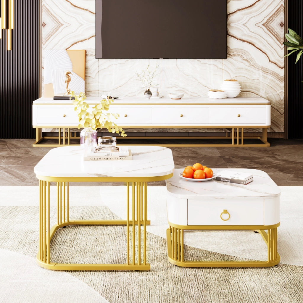 Tavolini da salotto 60x60x45+50x50x34 cm; design impilabile; effetto marmo lucido; MDF bianco