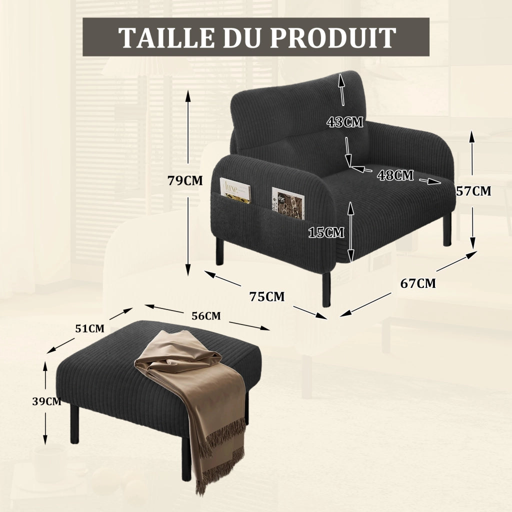 Poltrona in velluto comoda - Zephmum- Braccioli con tasche laterali struttura solida