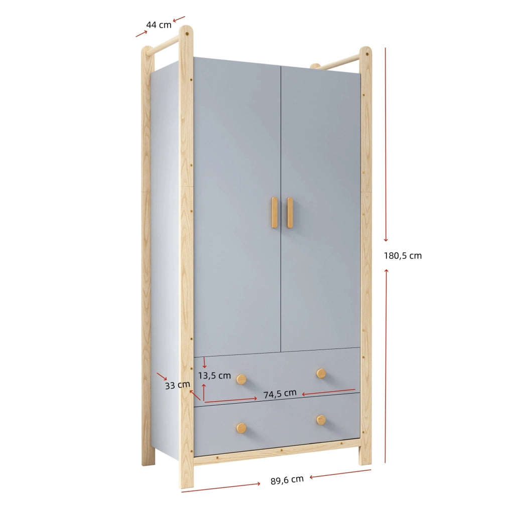 Armadio 90x45x180 cm blu; pannello truciolare con 2 ante e 2 cassetti