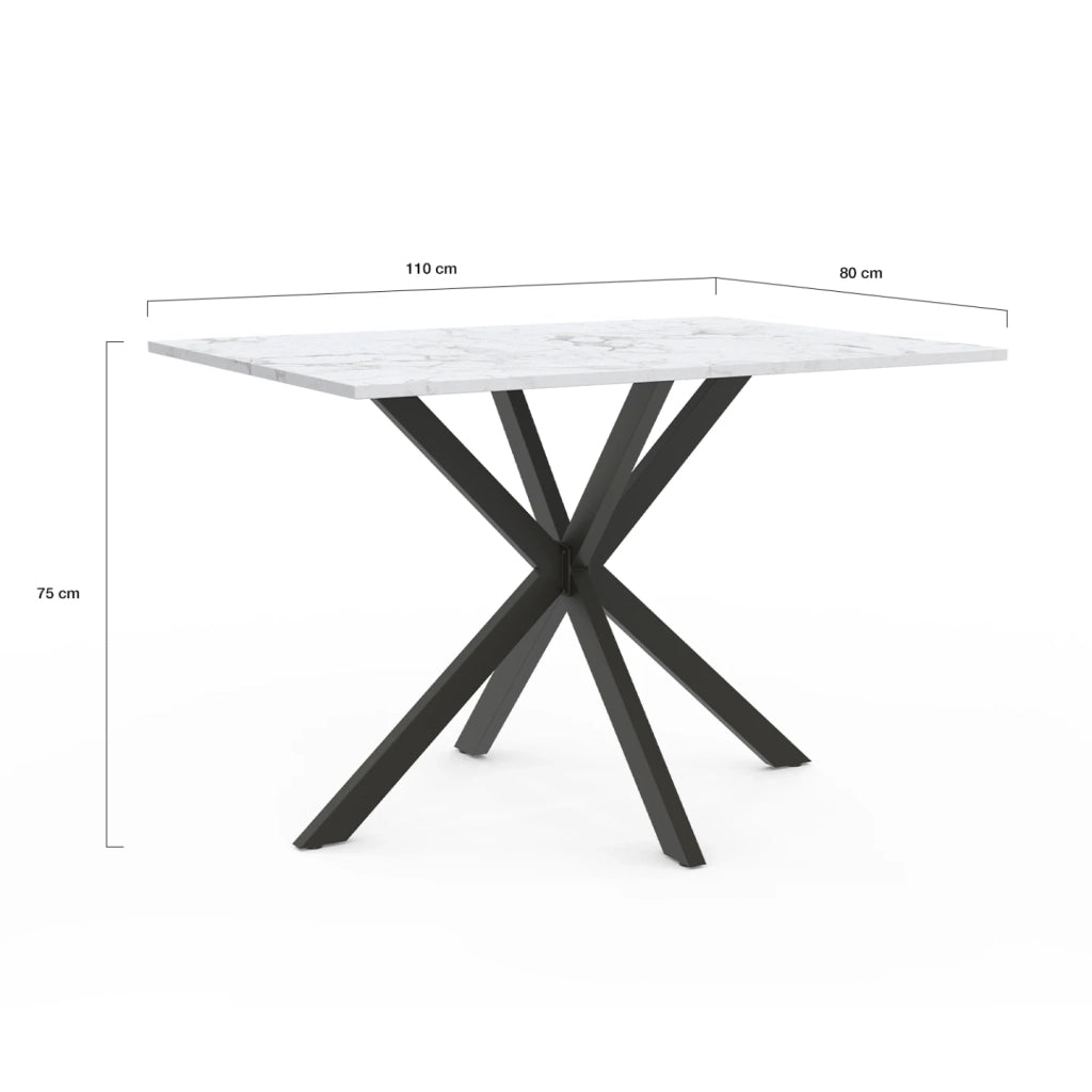 IDMarket - ALASKA Mesa de comedor para 4 personas con efecto mármol blanco y pata de araña de metal 110 cm