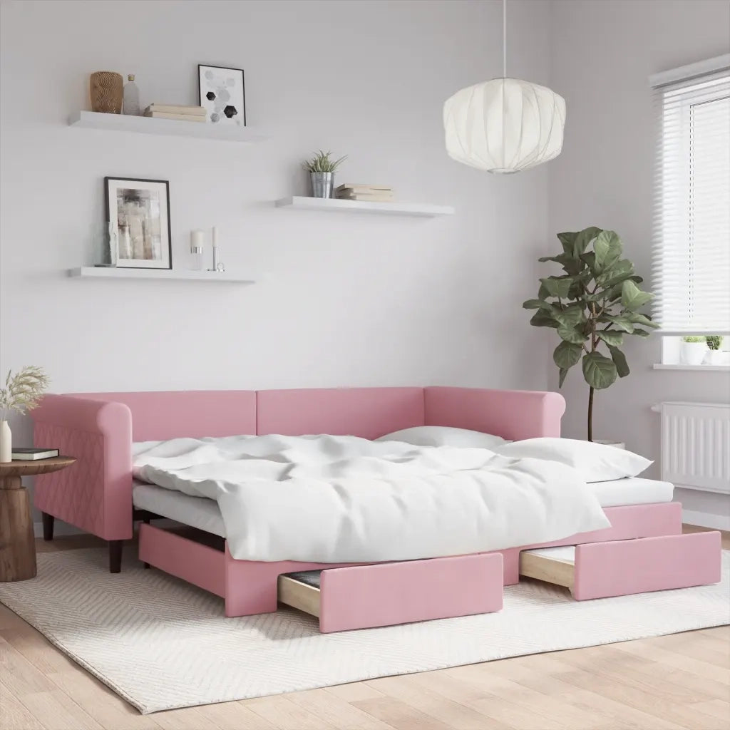 Divano Letto Estraibile con Cassetti Rosa 100x200 cm Velluto 3197829