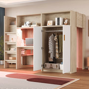 Letto a soppalco multifunzionale 90x200 cm con scrivania; guardaroba; ripiani e LED; colore legno