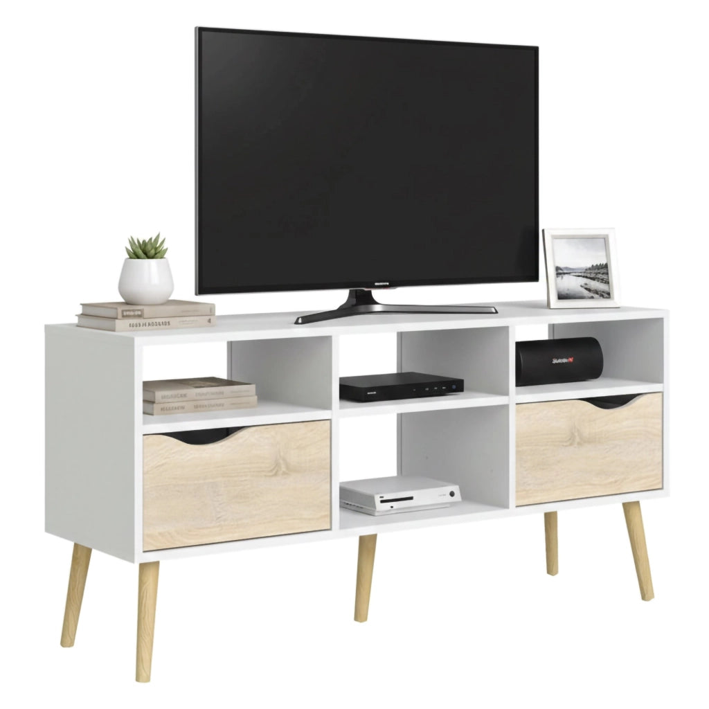 Mobile porta TV a due Aliani, colore bianco e rovere, cm 117 x 57 x 39
