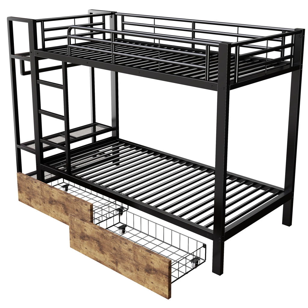 OKWISH Letto a Castello 90×200 cm, Letto Singolo con 2 Cassetti, Mensole e LED Regolabile, senza Materasso, in Metallo, Nero
