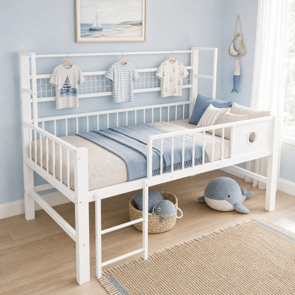 Letto a soppalco basso per bambini 90x200 cm in metallo e MDF; bianco