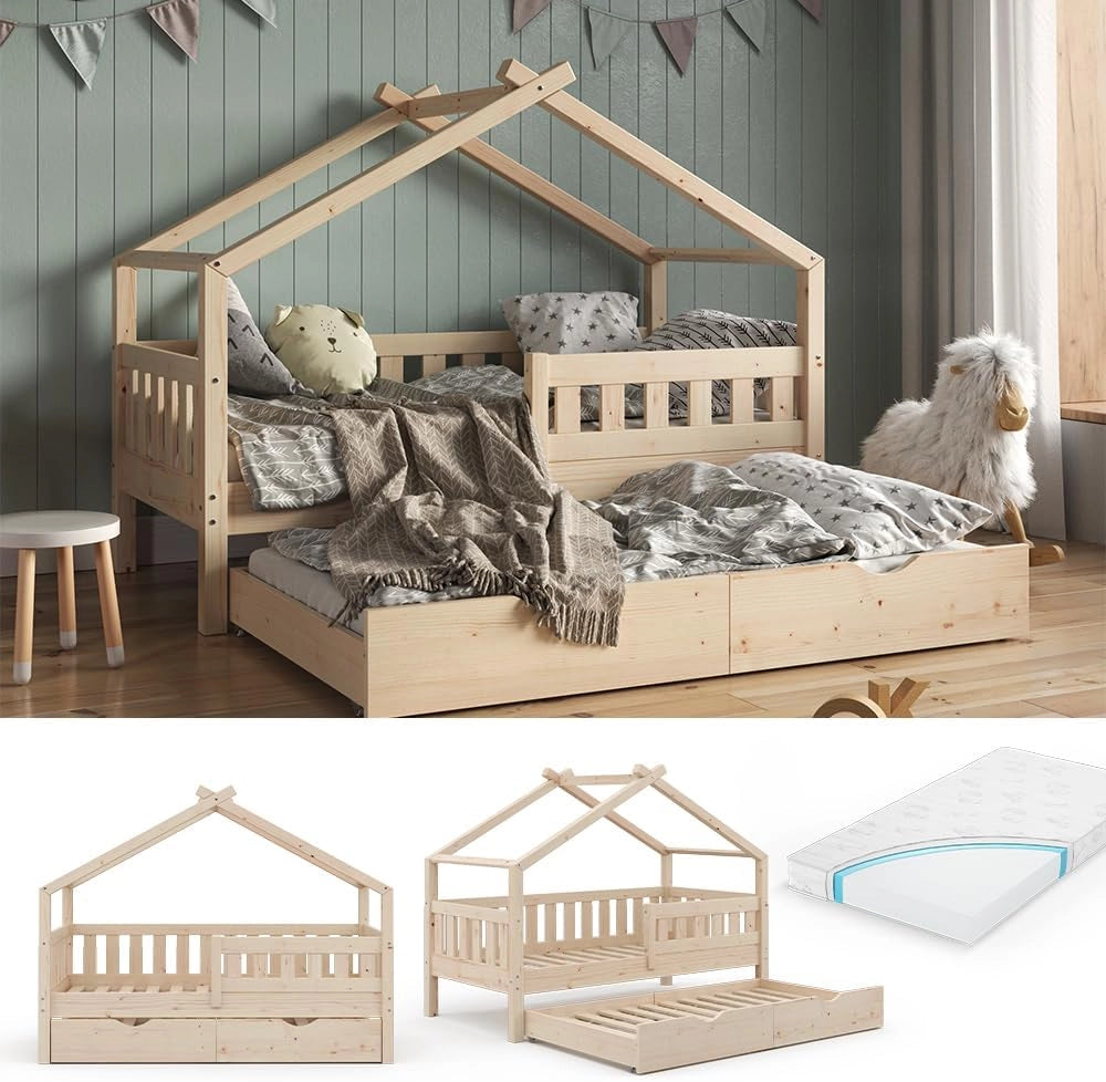Letto montessori bambini Design, Legno naturale, 80x160 cm con letto per ospiti e materasso, adatto come area giochi e zona notte per bambini