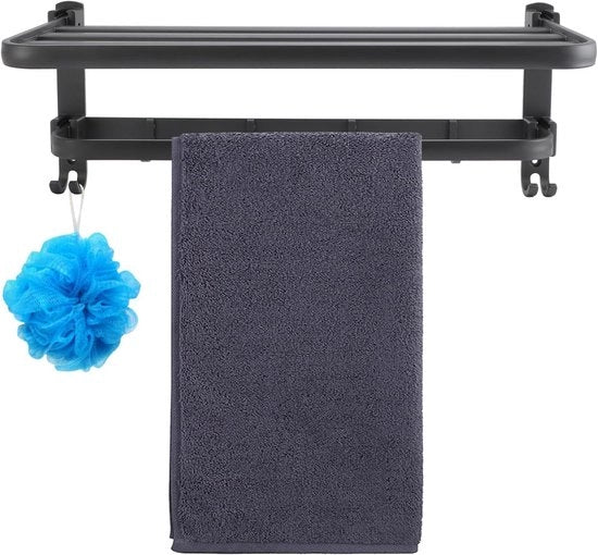Organizzatore per asciugamani - Asciugamani appoggiati - Organizzazione della cabina da bagno - Disegno pieghevole - 49cm di lunghezza - Nero