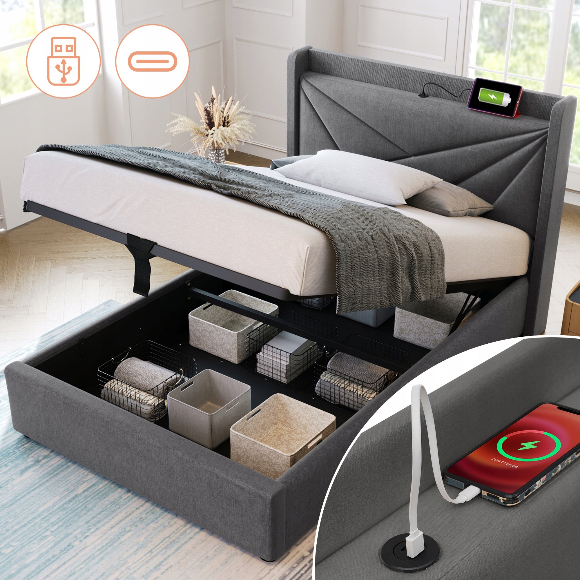 Letto singolo 90x200 - Xylo - Con materasso, USB-C, cassetto