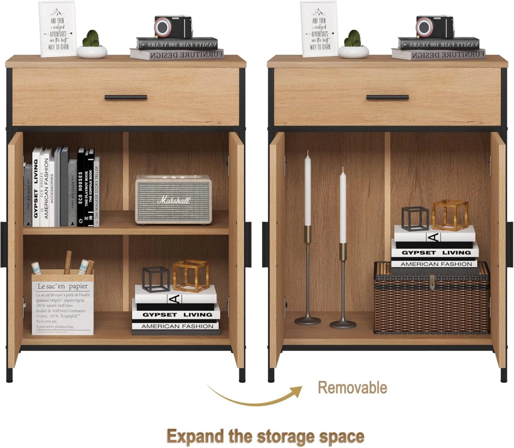 Mobile per Bagno da Terra, Armadietto da Bagno a 2 Ante in Legno e Metallo, Mobiletto Salvaspazio con Cassetto e Ripiano Regolabile, Stile Industriale, Marrone e Nero, 60x30x80 cm
