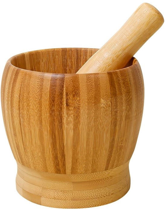 Vijzel Miniature con Stampatore - Hulpmiddello per Cucina in Legno - Dimensioni 6,5 x 9 cm - Molitore per Spezie e Aglio - Scala a Mano per Affilatura