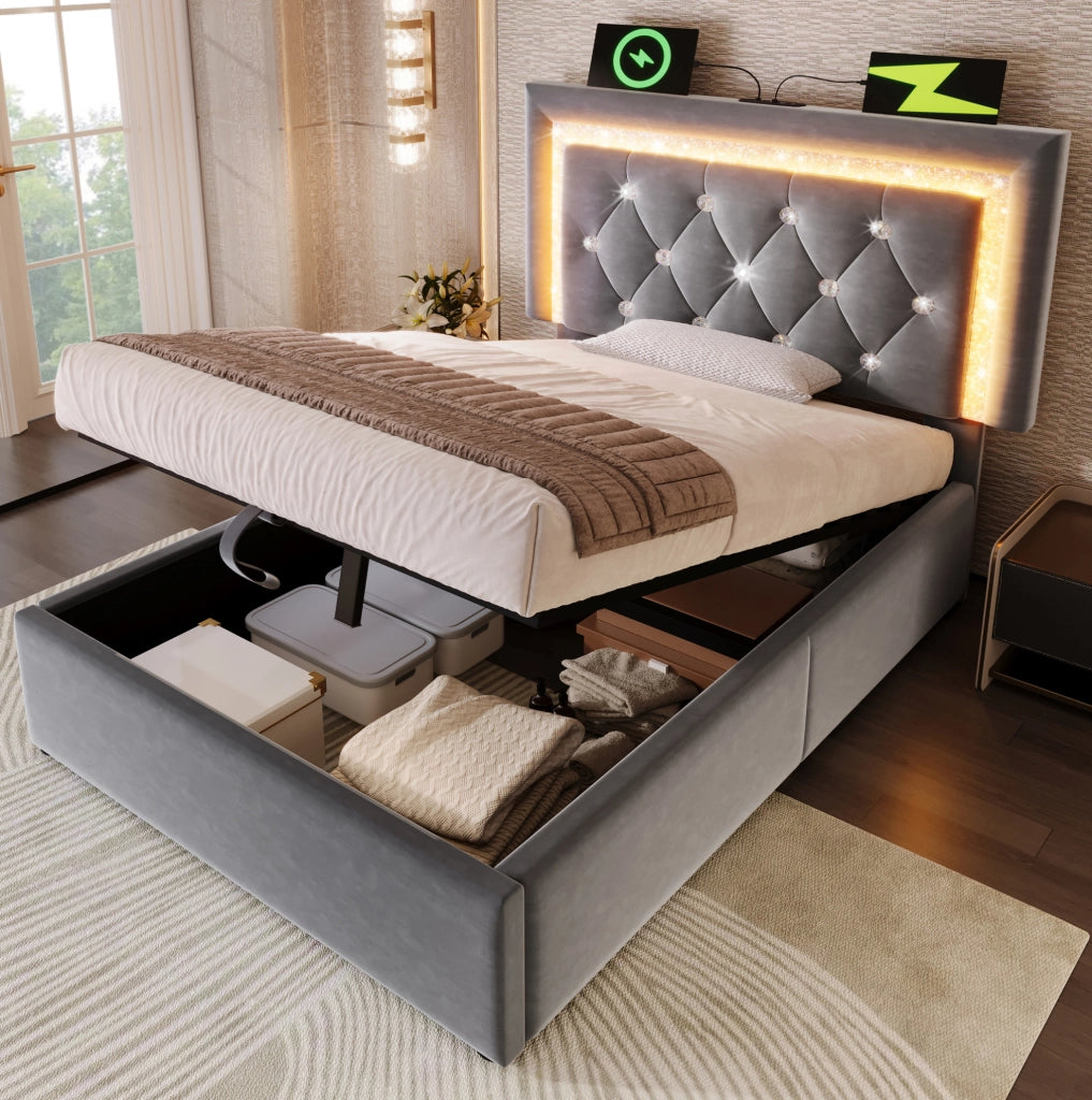 Letto singolo 90x200 cm in velluto con contenitore; LED e USB; grigio
