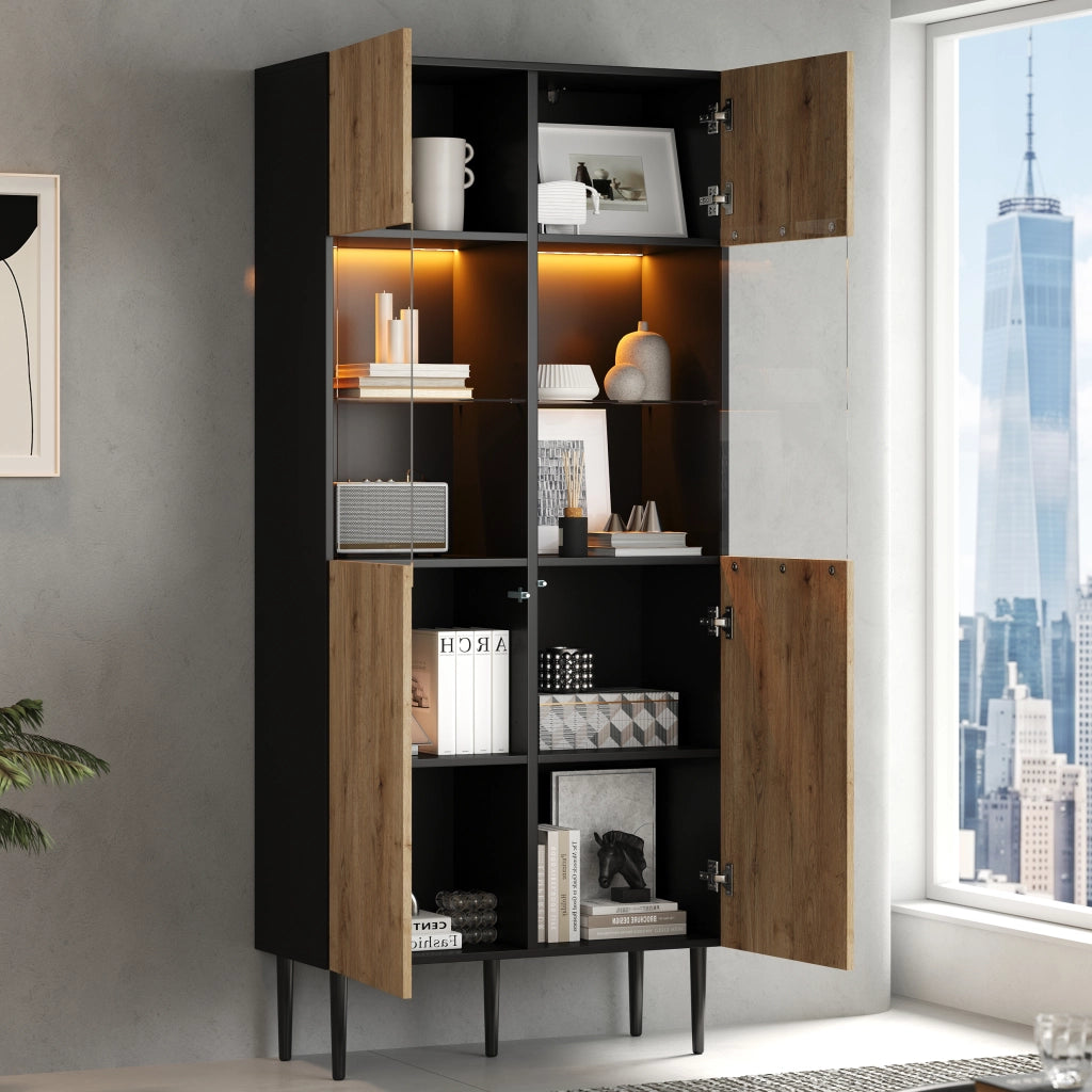 Vetrina con 2 ante e 10 vani; LED - per soggiorno - 80x35x180 cm - nero e naturale