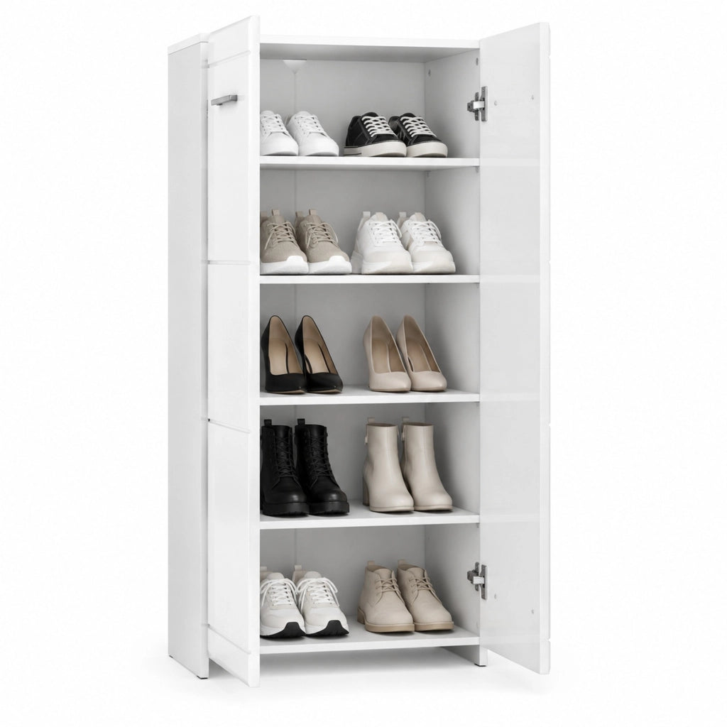 Scarpiera 55x36x108 cm con ripiani regolabili in legno bianco lucido
