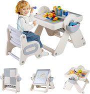 Set Tavolo e Sedia 6 in 1 per Bambini 18+ Mesi, Tavolino Pieghevole con Piano Reversibile, Porta Penne, Cesti Contenitori e Scaffale, Tavolo Salvaspazio per Giochi per Cameretta (Grigio)
