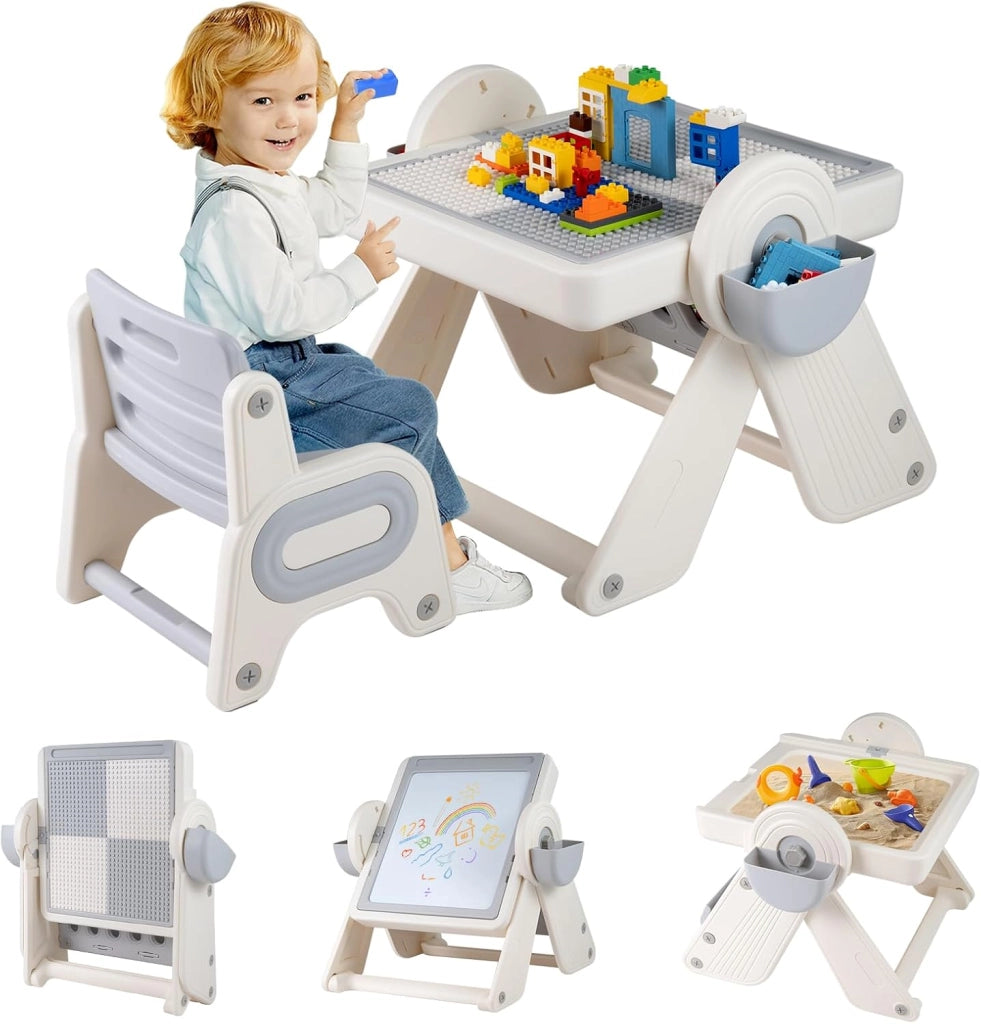 Set Tavolo e Sedia 6 in 1 per Bambini 18+ Mesi, Tavolino Pieghevole con Piano Reversibile, Porta Penne, Cesti Contenitori e Scaffale, Tavolo Salvaspazio per Giochi per Cameretta (Grigio)