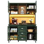 Credenza alta da cucina con ripiani; LED; 2 piedini regolabili; ante in vetro marrone e cassetti per cucina; verde; 120 × 40 × 179 cm