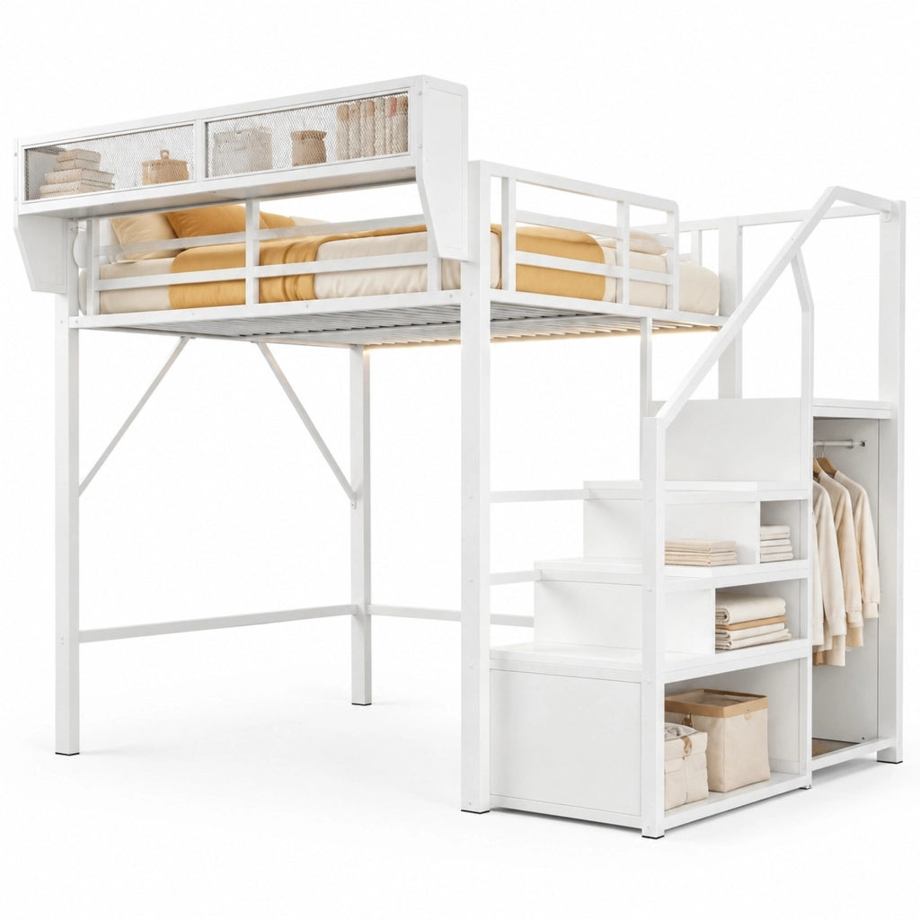 Letto a soppalco 140x200 cm in metallo e MDF con LED; scala di sicurezza; bianco