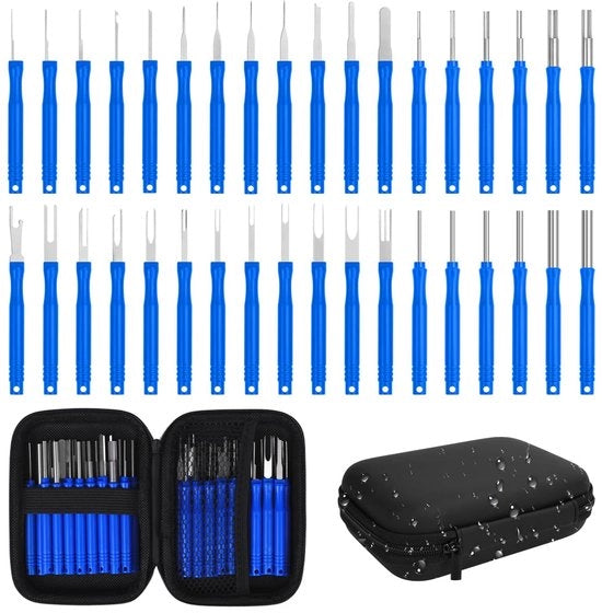 Set di accesso automatico, strumento di rimozione pin, set di accesso, 36 pezzi di kit di accesso per la rimozione di connettori a cavi, set di strumenti per la rimozione di viti con scatola per la maggior parte dei connettori (blu)